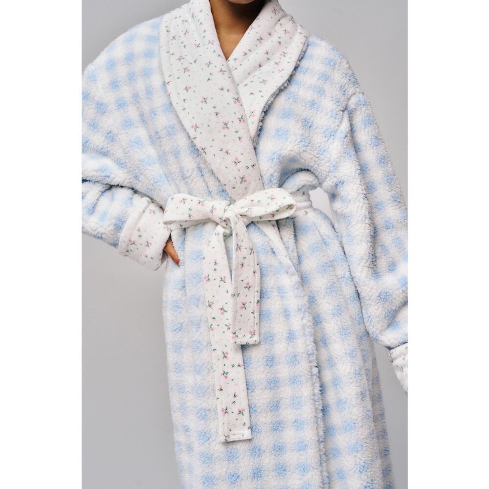 Guizo Cozy Cloud Reversible Robe Smal ? Medium Floral White Gingham NEW - Picture 4 of 16